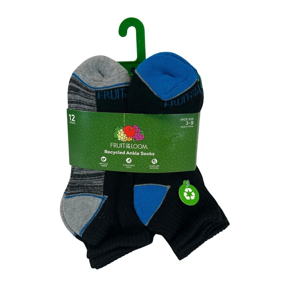Fruit of the Loom 12 Pair Recycled Ankle Socks Black Grey Blue Shoe Size 3-9 NEW